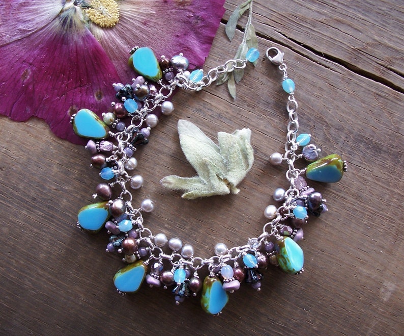 Earth Tones Purple Czech Glass /& Freshwater Pearl Beads ~ Sterling Silver Chain ~ Dangle Charm Bracelet ~ Adjustable ~ Blue