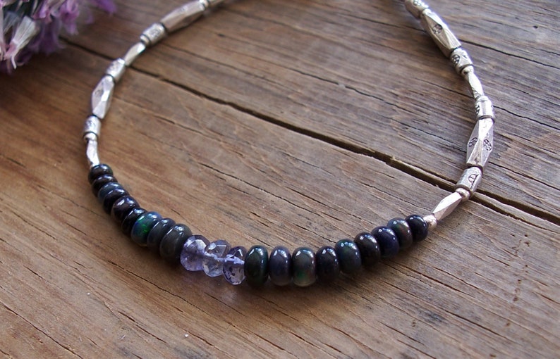 Ethiopian Opal /& Iolite Gemstone Rondelles with Thai Hill Tribe Fine Silver Bracelet ~ 7.25 Length ~ Black Purple Blue