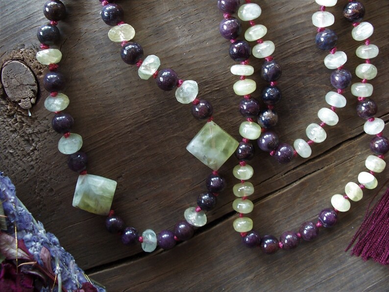 108 Bead Mala ~ Tassel Necklace ~ Star Ruby ~ Lemon Prehnite ~ Hand Knotted ~ Silk Lux Tassel ~ 34 Length