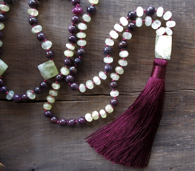 108 Bead Mala ~ Tassel Necklace ~ Star Ruby ~ Lemon Prehnite ~ Hand Knotted ~ Silk Lux Tassel ~ 34 Length