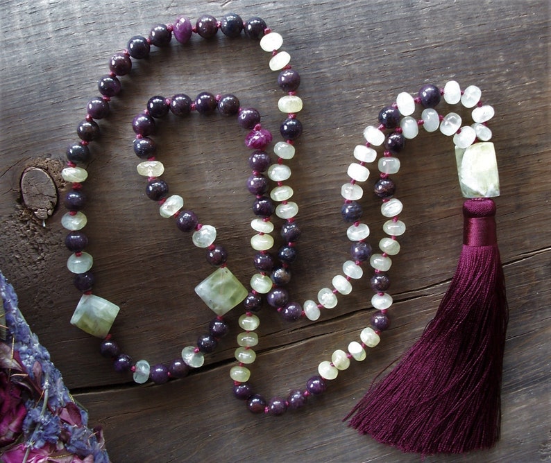 108 Bead Mala ~ Tassel Necklace ~ Star Ruby ~ Lemon Prehnite ~ Hand Knotted ~ Silk Lux Tassel ~ 34 Length