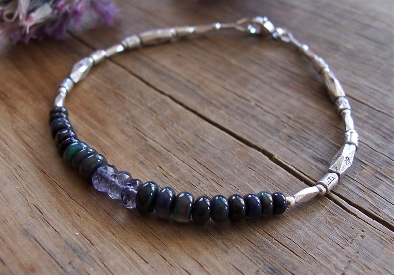 Ethiopian Opal /& Iolite Gemstone Rondelles with Thai Hill Tribe Fine Silver Bracelet ~ 7.25 Length ~ Black Purple Blue