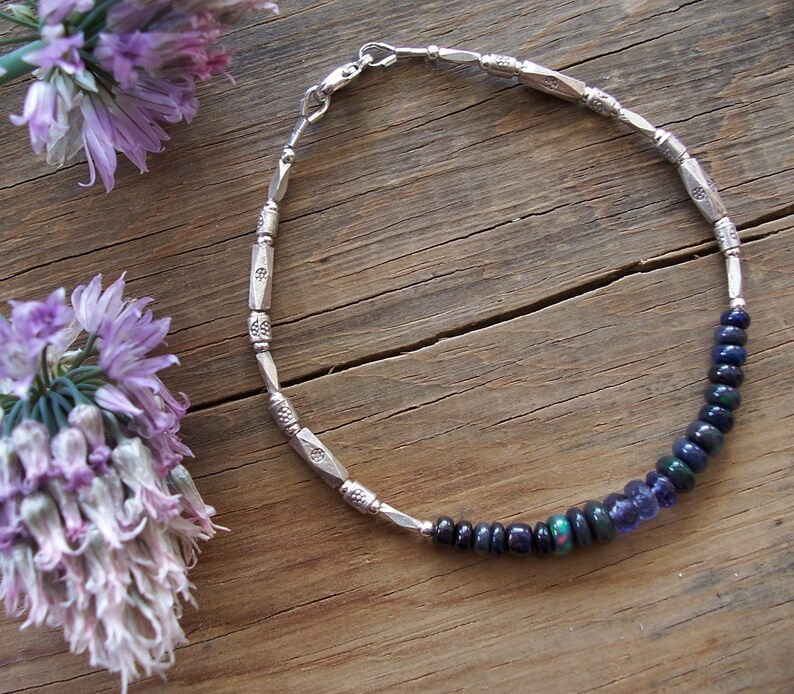 Ethiopian Opal /& Iolite Gemstone Rondelles with Thai Hill Tribe Fine Silver Bracelet ~ 7.25 Length ~ Black Purple Blue