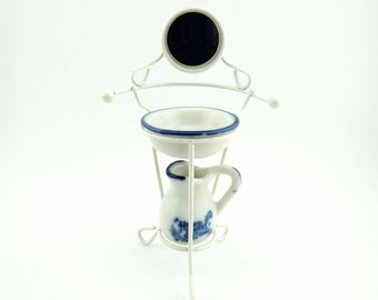 Vintage NOS Dollhouse Washstand | White Metal Frame with Round Mirror and Ceramic Pitcher and Bowl | 1:12 Scale