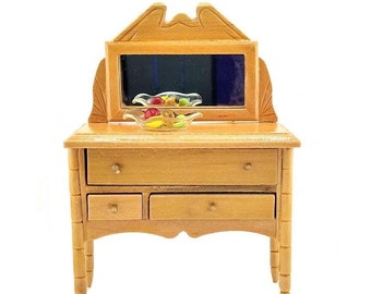 Vintage NOS Wooden Dollhouse Buffet/Sideboard with Mirror and Functional Drawers - Traditional Miniature Furniture 1:12 Scale