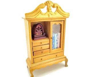 Vintage NOS Dollhouse Miniature Wood Traditional Etagere/Dresser/Armoire w/ Functional Drawers & Doors - Natural Stain, 6” High, 1:12 scale