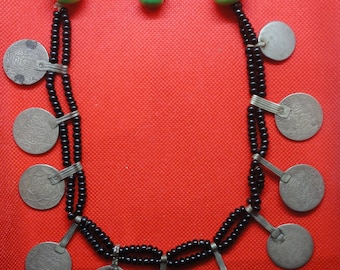 Moroccan jewelry,old Berber ,ceramic beads,silver coins  Hijri 1315-1329,Necklace