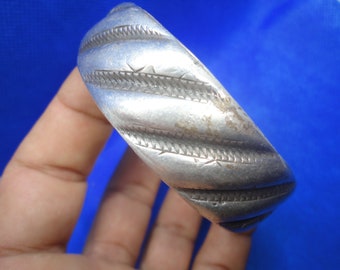 Moroccan Jewelry, old worn middle-Atlas finest silver dowry bracelet, 2 5/8 inches diameter
