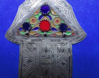 Moroccan jewelry, Rare, antique berber fine silver enamel hamsa 5 1/4 inches length,3 3/4 width