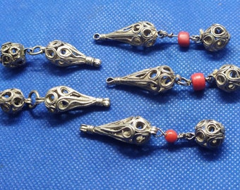 Moroccan jewelry,  lot 5 old Berber fine silver filigree bead pendants, up 2 1/2 inches long