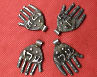 Moroccan Jewelry, lot 4 rare old solid silver Chifchauen style hamsas with Hebrew letters, 1 1/2 inches