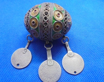 Moroccan Jewelry, old silver enamel egg pendant with silver coins, 2 1/4 inches wide, good shape