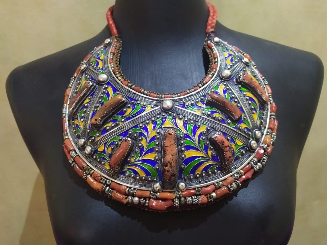 Moroccan jewelry Berber fine silver enamel natural coral Etsy