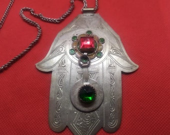 Moroccan Jewelry, older Tiznit Berber silver, glass, enamel, coin hamsa pendant with chain, 5 inches long