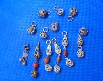 Moroccan Jewelry, lot old fine silver coral Berber filigree  beads, great shape, varied style, up to 2 1/4nch