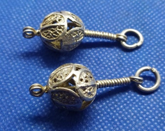 Moroccab Jewelry, set 2 matched vintage silver handmade filigree Berber bead pendants, 1 1/2 inches long