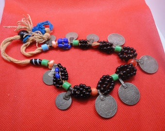 Moroccan jewelry,Vintage Berber Souss Tiznit ceramic beads old silver coins necklace,Length 21 inches