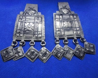 Moroccan jewelry, 2 antique Berber Souss fine silver painted pendants