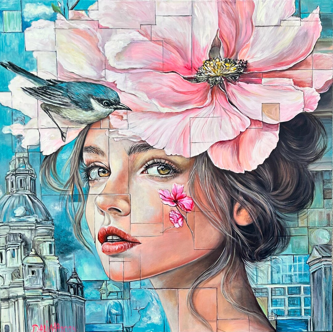 Original Acrylic Portrait Painting – Woman With Flower and Bird, Modern ...