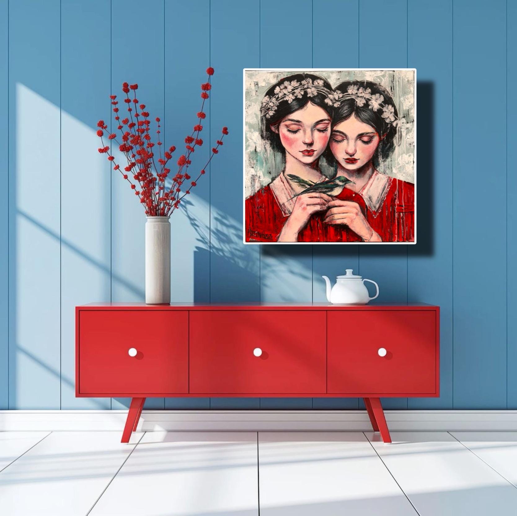 二人の少女の肖像画 手作りの絵画 美しい女性の姉妹愛の象徴 手の中の