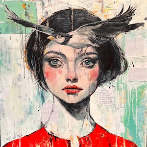 Painting girl with bird Anime style Girl in red with seagull Beautiful painting in light blue colors Handmade acrylic painting 70*70 cm