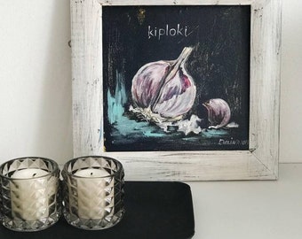 Garlic still life painting Acrylic art with garlic Small art for dinning kitchen Vegetables art Garlic acrylic art Painting with garlic Dark