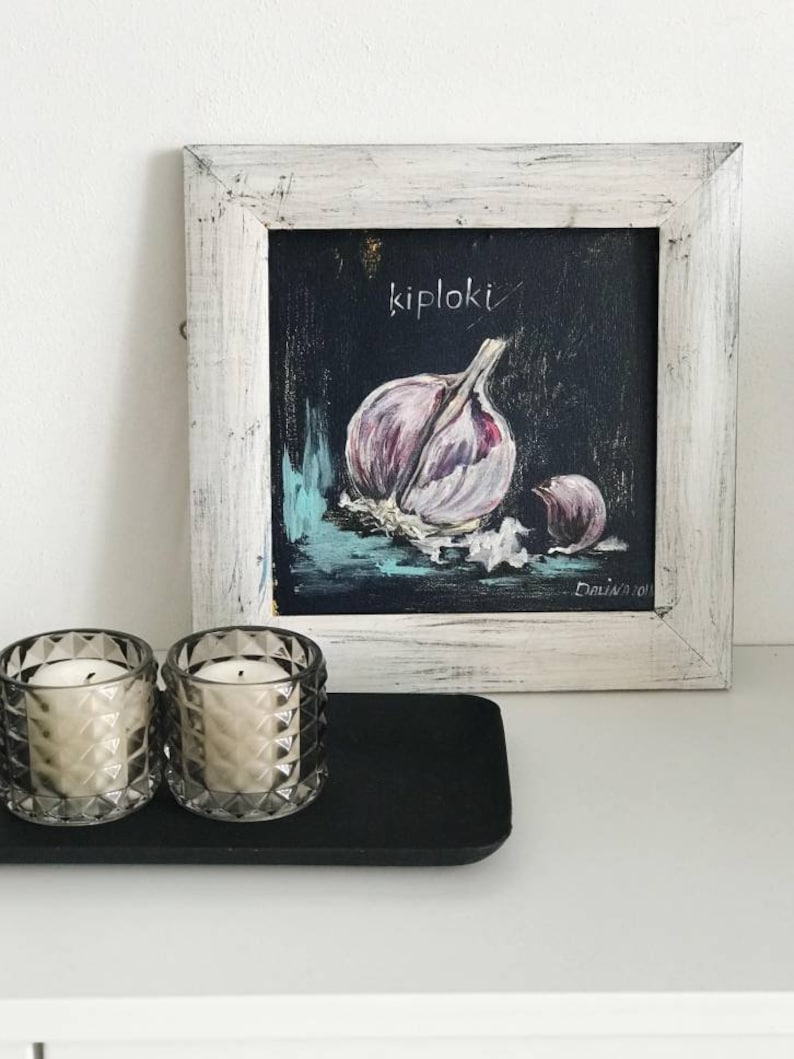 Garlic still life painting Acrylic art with garlic shops Small art for dinning kitchen Vegetables art Garlic acrylic art Painting with garlic Dark