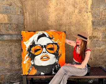 マドンナの絵画、大きなオレンジ色のポップアートの肖像画、現代の
