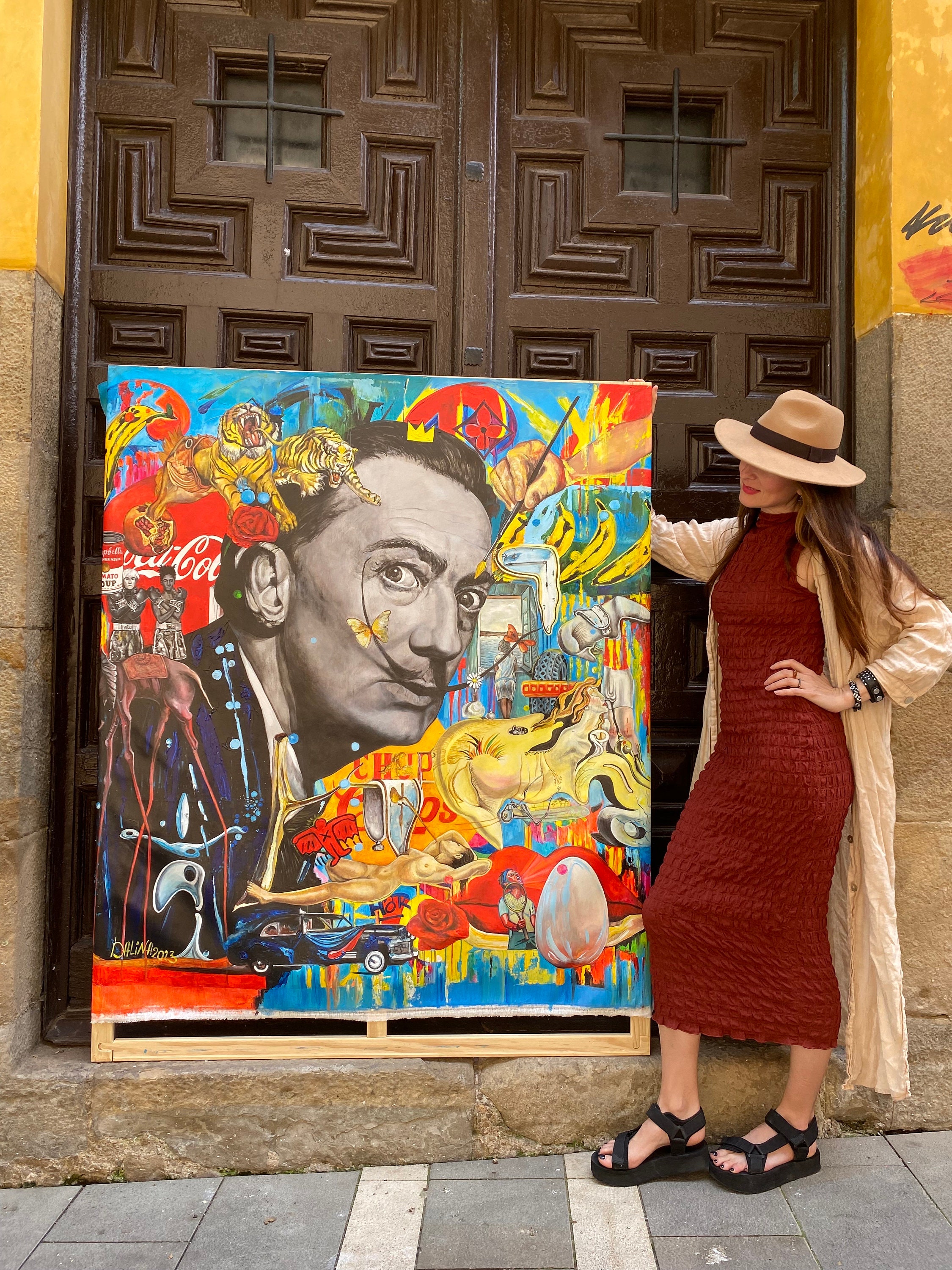 Salvador Dali pop art portrait  Salvador Dali with him pictures handmade acrylic painting Big Dali’s portrait for pop art interior
