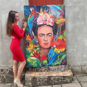 Ritratto di Frida Kahlo, grande dipinto acrilico con pappagalli immagine 1