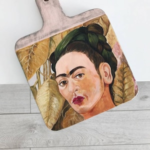 Handmade copy of selfportrait Frida Khalo with a monkey Picture on the kitchen cutting board copy of Frida Khalo Mexican art Kitchen decor