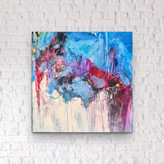 青とピンクのアクリル抽象画 キャンバスに描かれた抽象画 青とピンクの色の抽象画 モダンなデザイン