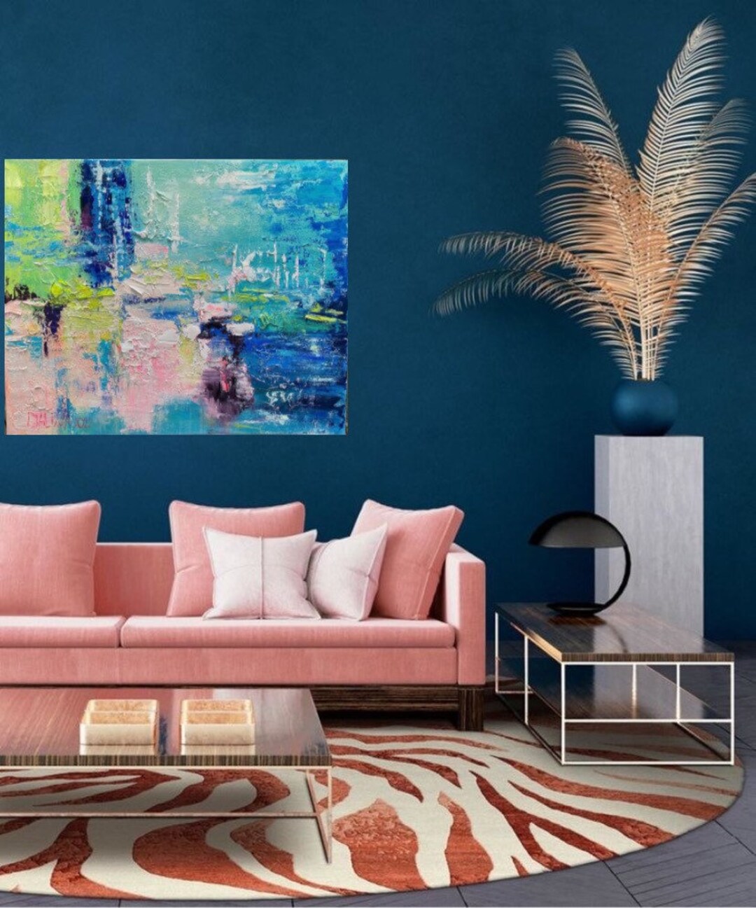 抽象アクリル画 青とピンクの色のインテリアアート リビングルームの