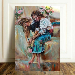 Portrait of two hugging girls Female portrait handmade oil painting Beautiful lady's portrait Oil art for living room and classic interior