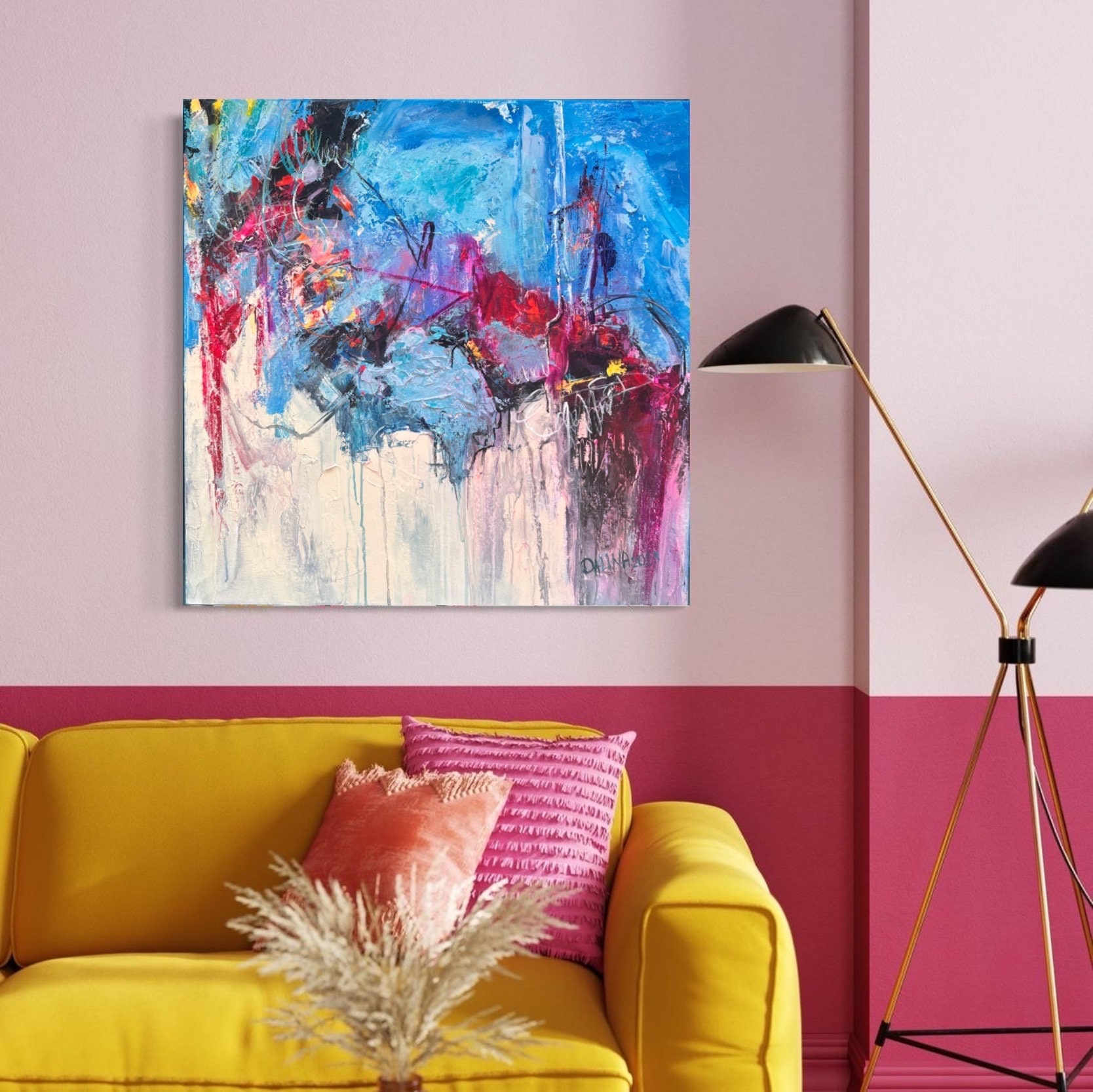 キャンバスに描かれた抽象画 青とピンクの色の抽象画 モダンな