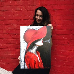 Fille au chapeau rouge, art du chapeau, peinture à l'huile de femme au chapeau, peinture contemporaine élégante pour la maison, art à l'huile, art noir rouge, peinture de dame au chapeau rouge
