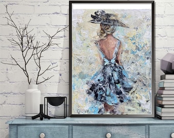 May include: A painting of a woman in a blue dress and a black hat, standing with her back to the viewer. The background is a textured, abstract design in shades of blue, yellow, and white.