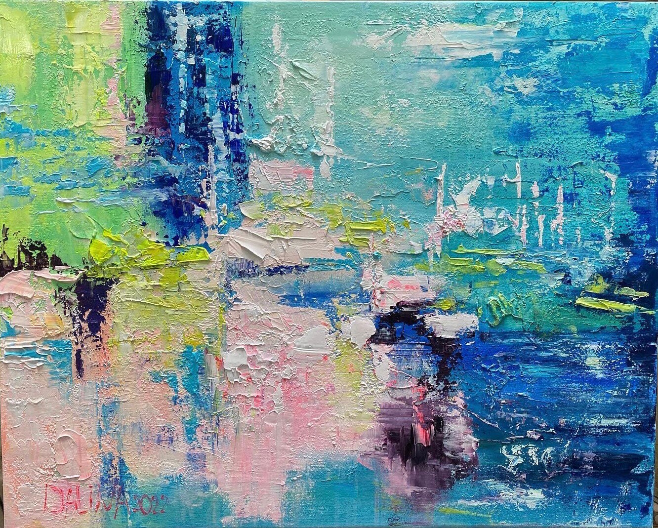 抽象アクリル画 青とピンクの色のインテリアアート リビングルームの