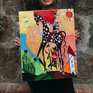 Art Don Quixote in primitive style Don Quixote and Sancho Panza acrylic handmade painting Bright art for home Don Quixote handmade painting