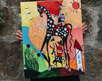 Art Don Quijote in primitiven Stil Don Quijote und Sancho Panza Acryl handgefertigte Malerei Helle Kunst für zu Hause Don Quijote handgemachte Malerei
