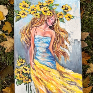 Ukrainische Acrylmalerei ukrainisches Symbol handgemachte Kunst Ukraine in der Frauenkulturkunst Malerei über den Sieg Ukrainisches Mädchen schützt Ukra