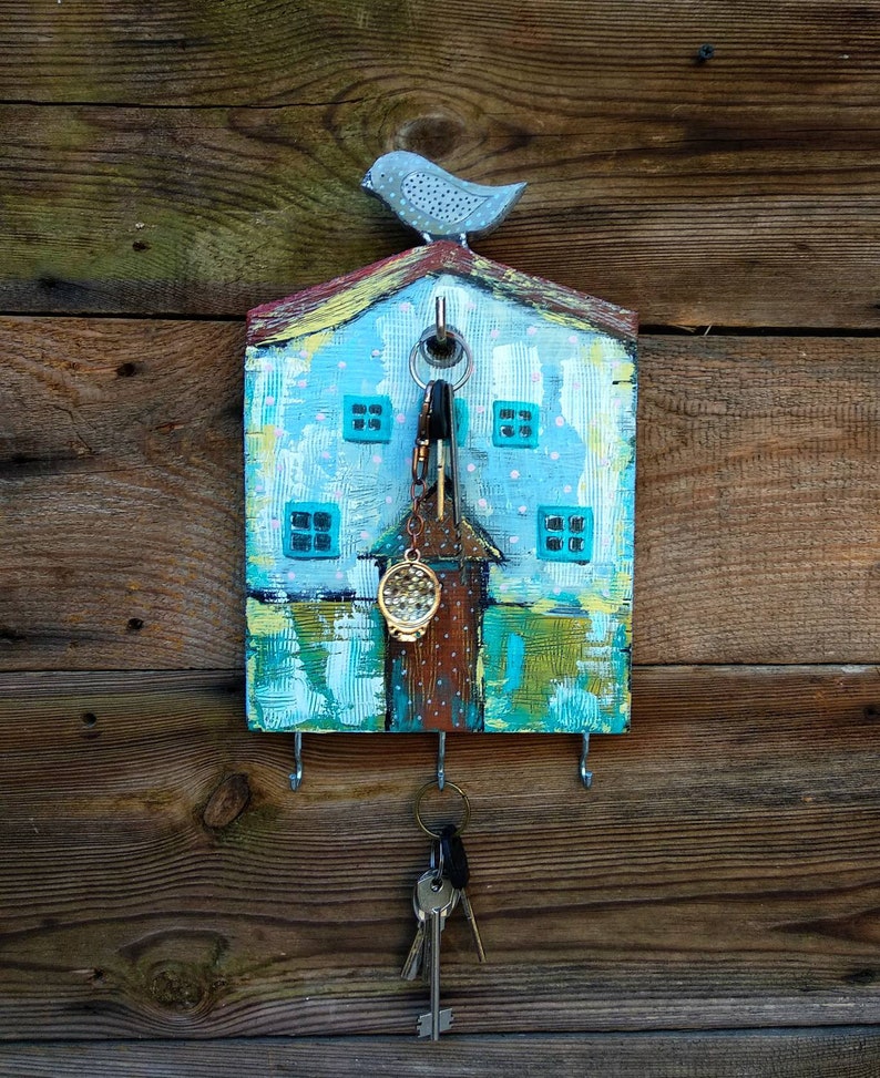 Wooden key holder with bird Wall key hanger for entryway Etsy