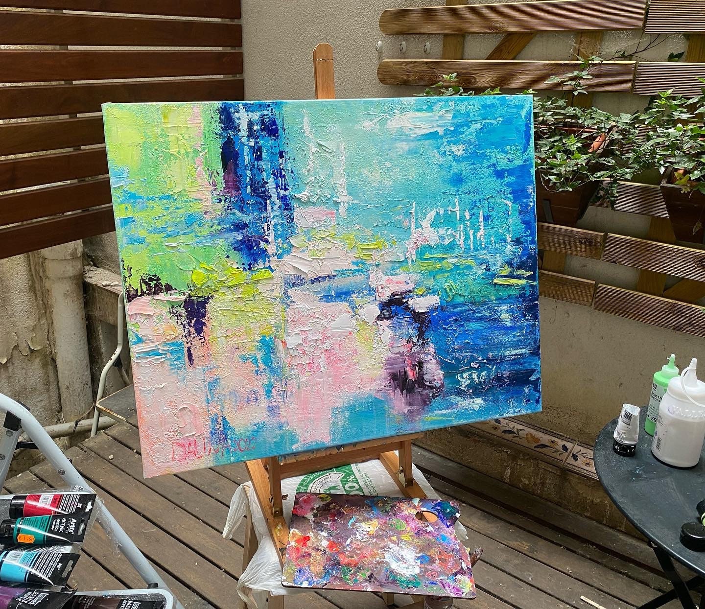 抽象アクリル画 青とピンクの色のインテリアアート リビングルームの