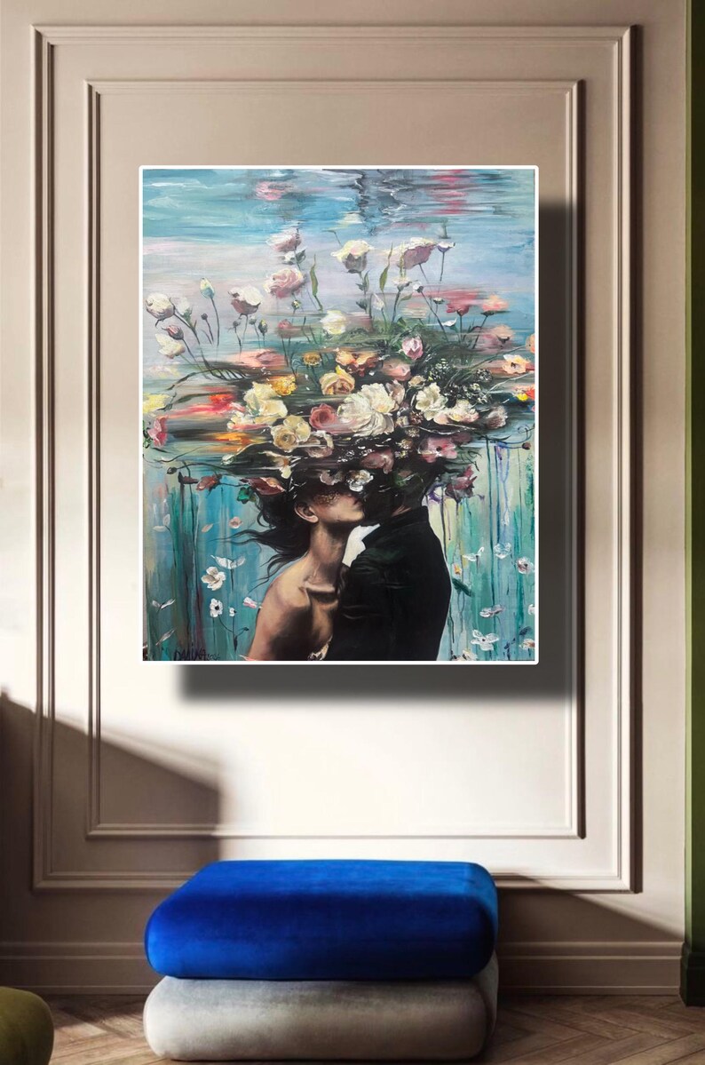 Romantic Couple Painting Floral Love Art Large Canvas Wall Decor Lovers ...