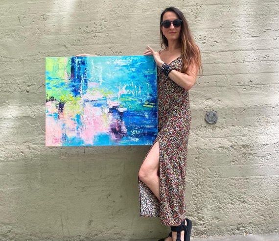 抽象アクリル画 青とピンクの色のインテリアアート リビングルームの