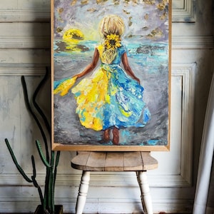 Ukrainian acrylic painting  Ukrainian flag handmade painting symbolic Ukrainian art about victory Ukrainian girl protects Ukrainian