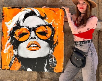 マドンナの絵画、大きなオレンジ色のポップアートの肖像画、現代の