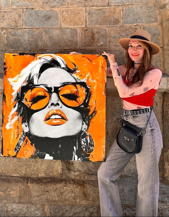 マドンナの絵画、大きなオレンジ色のポップアートの肖像画、現代の