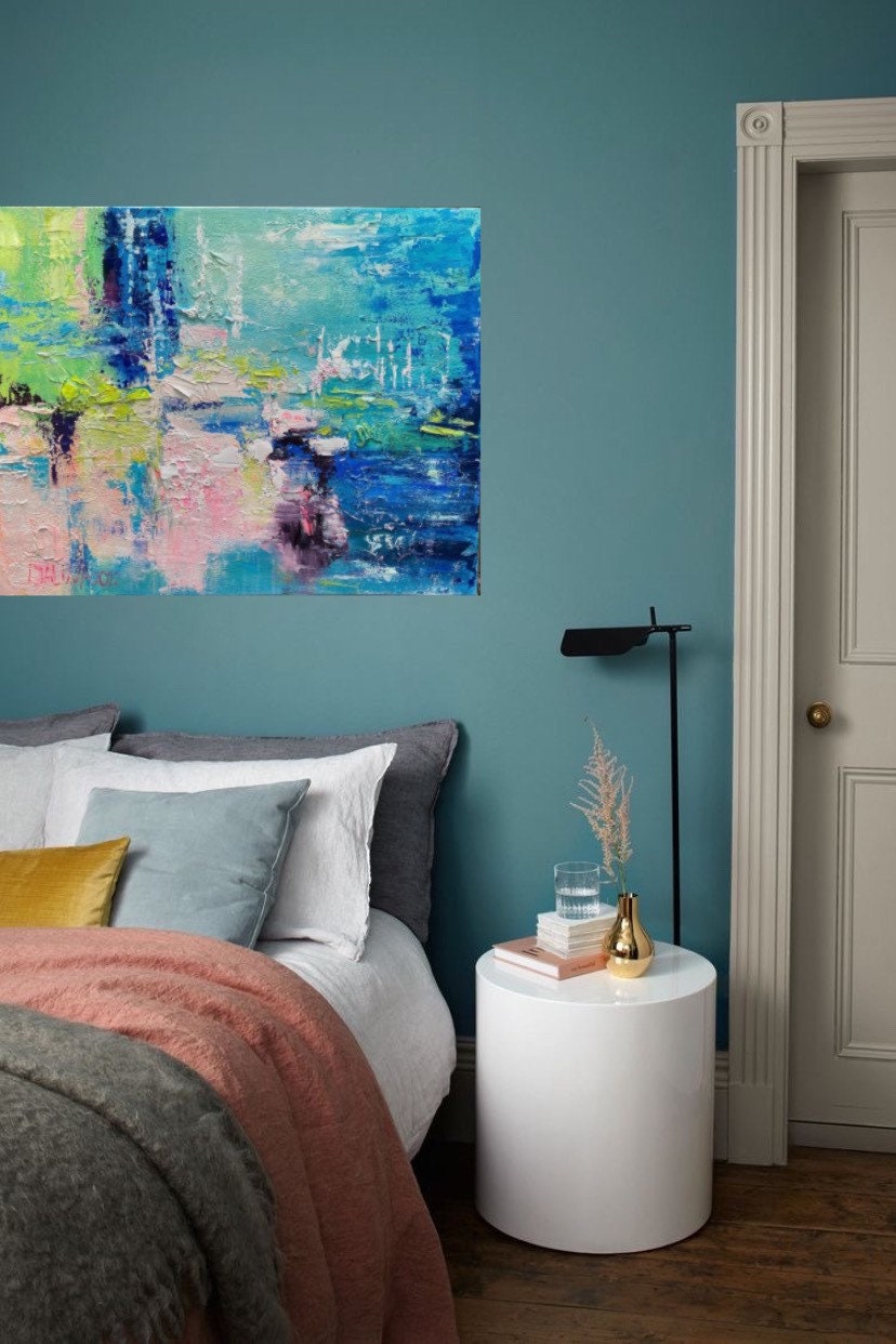 抽象アクリル画 青とピンクの色のインテリアアート リビングルームの