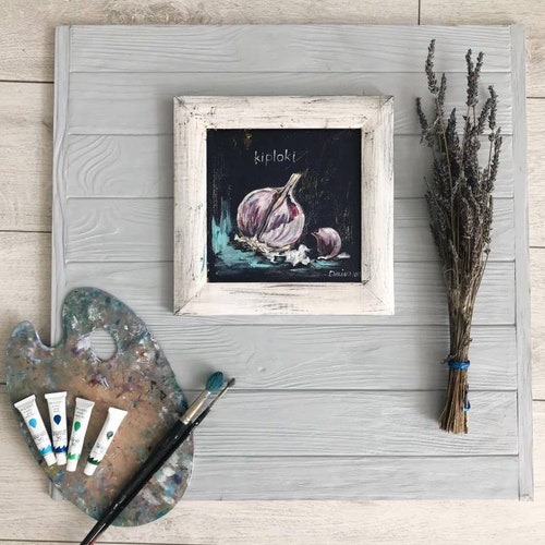 Garlic still life painting Acrylic art with garlic shops Small art for dinning kitchen Vegetables art Garlic acrylic art Painting with garlic Dark